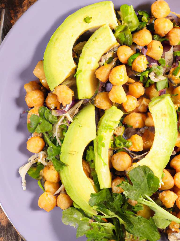 Chickpea salad topped with avocado slices and mixed greens.