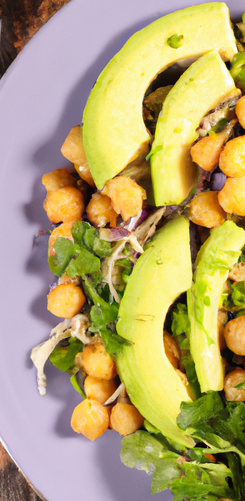 Fresh salad with avocado slices, leafy greens, and diced vegetables on a purple plate.