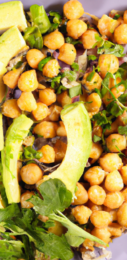 Chickpea salad with avocado, herbs, and spices on a grey plate.