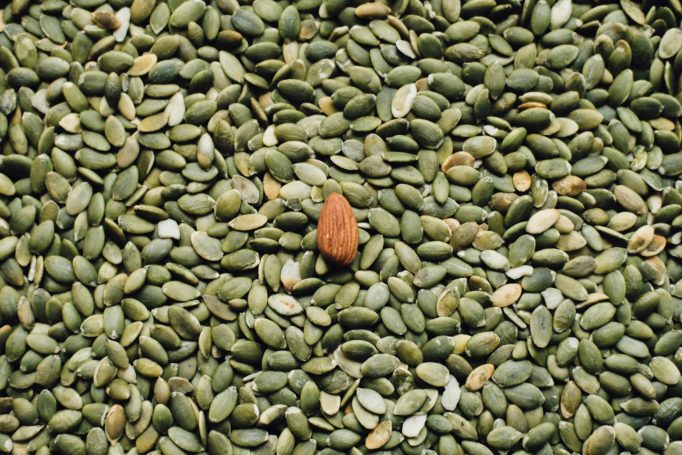 A single brown almond among a scatter of green pumpkin seeds.