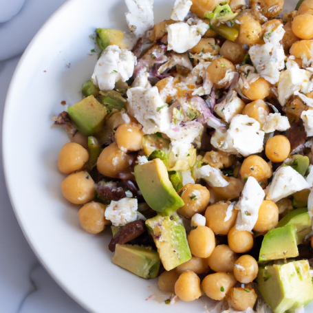 A bowl of chickpea salad with avocado, feta, and chopped vegetables.